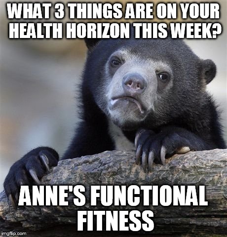 Confession Bear Meme | WHAT 3 THINGS ARE ON YOUR HEALTH HORIZON THIS WEEK? ANNE'S FUNCTIONAL FITNESS | image tagged in memes,confession bear | made w/ Imgflip meme maker