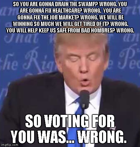 Trump wrong | SO YOU ARE GONNA DRAIN THE SWAMP?
WRONG.
YOU ARE GONNA FIX HEALTHCARE?
WRONG.
 YOU ARE GONNA FIX THE JOB MARKET?
WRONG.
WE WILL BE WINNING SO MUCH WE WILL GET TIRED OF IT? WRONG. YOU WILL HELP KEEP US SAFE FROM BAD HOMBRES? WRONG. SO VOTING FOR YOU WAS...
WRONG. | image tagged in trump wrong | made w/ Imgflip meme maker