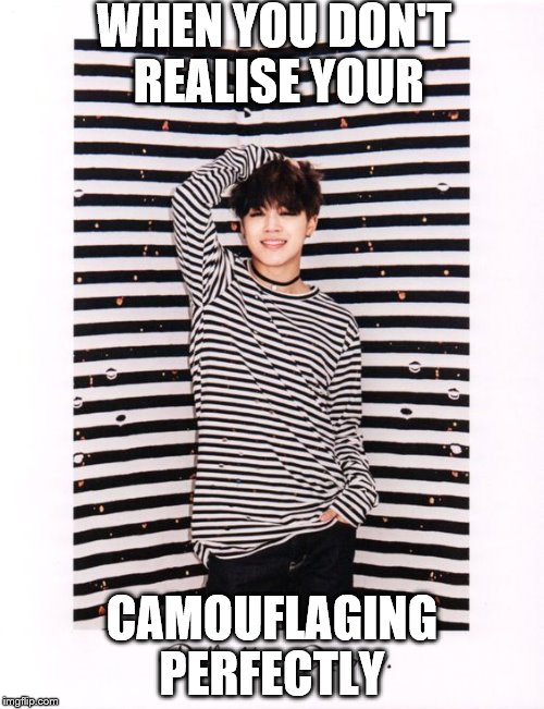 WHEN YOU DON'T REALISE YOUR; CAMOUFLAGING PERFECTLY | image tagged in bts | made w/ Imgflip meme maker