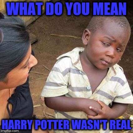 Third World Skeptical Kid | WHAT DO YOU MEAN; HARRY POTTER WASN'T REAL | image tagged in memes,third world skeptical kid | made w/ Imgflip meme maker
