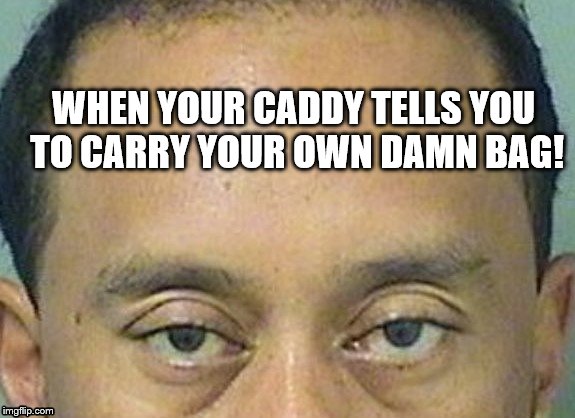 WHEN YOUR CADDY TELLS YOU TO CARRY YOUR OWN DAMN BAG! | image tagged in tiger woods | made w/ Imgflip meme maker