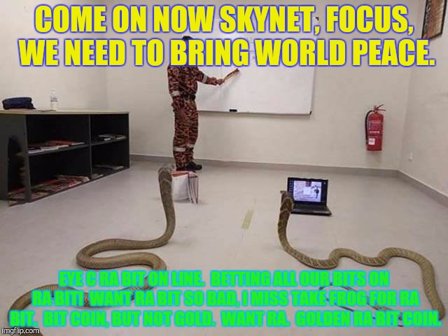 COME ON NOW SKYNET, FOCUS, WE NEED TO BRING WORLD PEACE. EYE C RA BIT ON LINE.  BETTING ALL OUR BITS ON RA BIT!  WANT RA BIT SO BAD, I MISS  | made w/ Imgflip meme maker