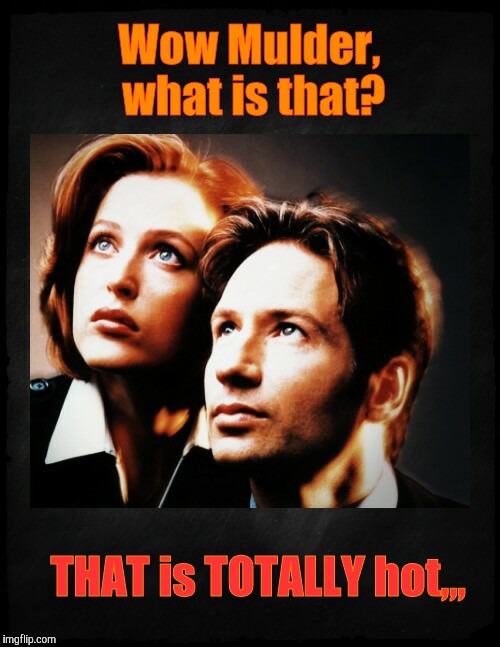 Mulder and Scully gaze to whatever,,, | Wow Mulder, what is that? THAT is TOTALLY hot,,, | image tagged in mulder and scully gaze to whatever   | made w/ Imgflip meme maker