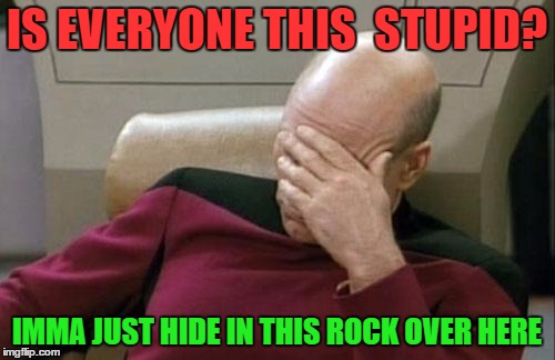 IS EVERYONE THIS  STUPID? IMMA JUST HIDE IN THIS ROCK OVER HERE | image tagged in memes,captain picard facepalm | made w/ Imgflip meme maker