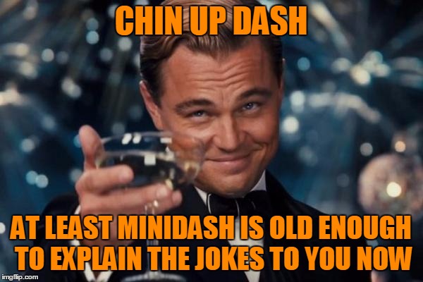 Leonardo Dicaprio Cheers Meme | CHIN UP DASH AT LEAST MINIDASH IS OLD ENOUGH TO EXPLAIN THE JOKES TO YOU NOW | image tagged in memes,leonardo dicaprio cheers | made w/ Imgflip meme maker