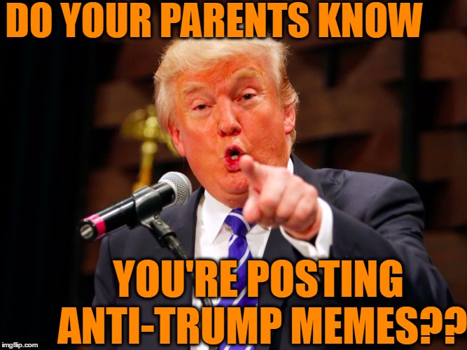 trump point | DO YOUR PARENTS KNOW YOU'RE POSTING ANTI-TRUMP MEMES?? | image tagged in trump point | made w/ Imgflip meme maker