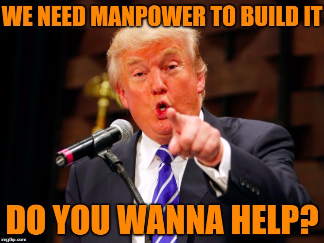 trump point | WE NEED MANPOWER TO BUILD IT DO YOU WANNA HELP? | image tagged in trump point | made w/ Imgflip meme maker