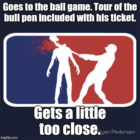 13dvwz.jpg | Goes to the ball game. Tour of the bull pen included with his ticket. Gets a little too close. | image tagged in 13dvwzjpg | made w/ Imgflip meme maker