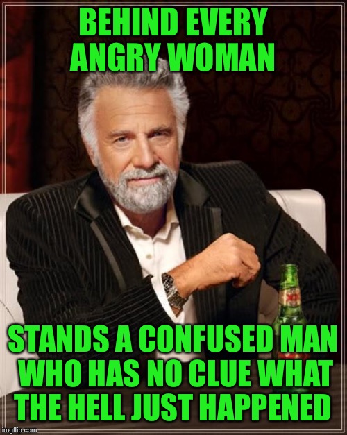 Hell has no fury | BEHIND EVERY ANGRY WOMAN; STANDS A CONFUSED MAN WHO HAS NO CLUE WHAT THE HELL JUST HAPPENED | image tagged in memes,the most interesting man in the world,funny | made w/ Imgflip meme maker