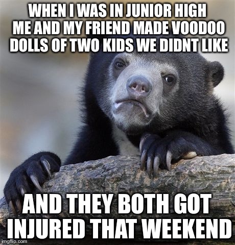 Confession Bear Meme | WHEN I WAS IN JUNIOR HIGH ME AND MY FRIEND MADE VOODOO DOLLS OF TWO KIDS WE DIDNT LIKE AND THEY BOTH GOT INJURED THAT WEEKEND | image tagged in memes,confession bear | made w/ Imgflip meme maker
