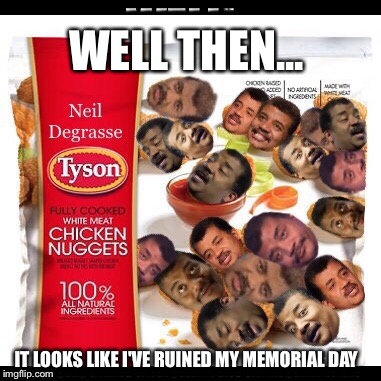Another Photoshop for Memorial Day!! | WELL THEN... IT LOOKS LIKE I'VE RUINED MY MEMORIAL DAY | image tagged in funny,neil degrasse tyson,not my mcnuggets,memes,dank memes,chicken nuggets | made w/ Imgflip meme maker