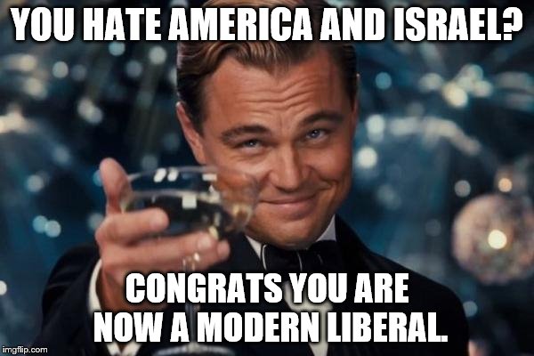 Leonardo Dicaprio Cheers Meme | YOU HATE AMERICA AND ISRAEL? CONGRATS YOU ARE NOW A MODERN LIBERAL. | image tagged in memes,leonardo dicaprio cheers | made w/ Imgflip meme maker