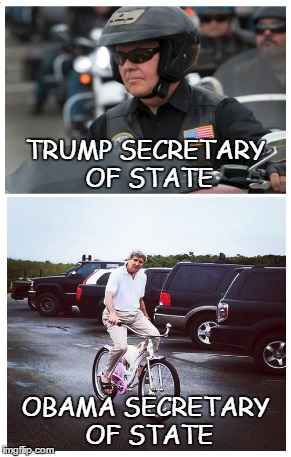 Tillerson vs. Kerry Bikes | TRUMP
SECRETARY OF STATE; OBAMA SECRETARY OF STATE | image tagged in rex tillerson,john kerry,bicycle,secretary of state,motorbike | made w/ Imgflip meme maker