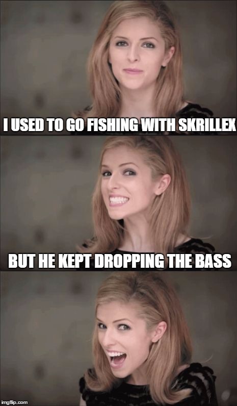 Bad Pun Anna Kendrick | I USED TO GO FISHING WITH SKRILLEX; BUT HE KEPT DROPPING THE BASS | image tagged in memes,bad pun anna kendrick | made w/ Imgflip meme maker