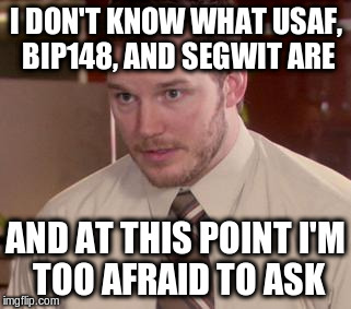 Afraid To Ask Andy (Closeup) Meme |  I DON'T KNOW WHAT USAF, BIP148, AND SEGWIT ARE; AND AT THIS POINT
I'M TOO AFRAID TO ASK | image tagged in memes,afraid to ask andy closeup | made w/ Imgflip meme maker