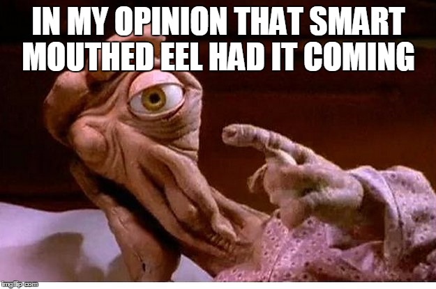 IN MY OPINION THAT SMART MOUTHED EEL HAD IT COMING | image tagged in alien bl4h | made w/ Imgflip meme maker