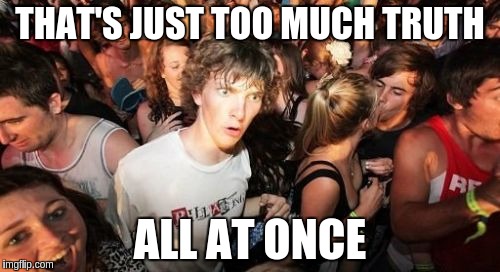 Sudden Clarity Clarence Meme | THAT'S JUST TOO MUCH TRUTH; ALL AT ONCE | image tagged in memes,sudden clarity clarence | made w/ Imgflip meme maker