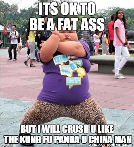 Kung fu panda | ITS OK TO BE A FAT ASS; BUT I WILL CRUSH U LIKE THE KUNG FU PANDA U CHINA MAN | image tagged in kung fu panda | made w/ Imgflip meme maker