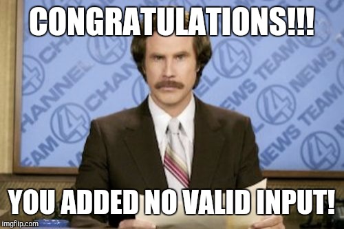 Ron Burgundy | CONGRATULATIONS!!! YOU ADDED NO VALID INPUT! | image tagged in memes,ron burgundy | made w/ Imgflip meme maker