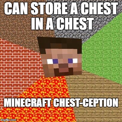 Minecraft Steve | CAN STORE A CHEST IN A CHEST; MINECRAFT CHEST-CEPTION | image tagged in minecraft steve | made w/ Imgflip meme maker