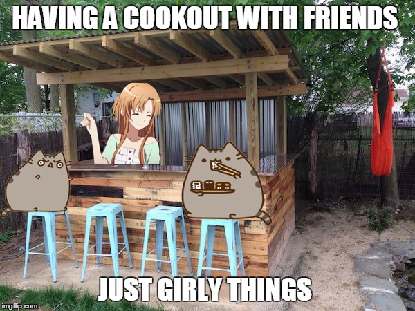 cook out with friends  | HAVING A COOKOUT WITH FRIENDS; JUST GIRLY THINGS | image tagged in anime | made w/ Imgflip meme maker