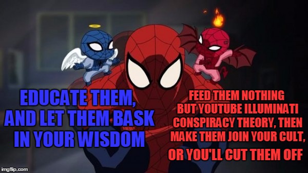 good/evil spidey bl4h | EDUCATE THEM, AND LET THEM BASK IN YOUR WISDOM FEED THEM NOTHING BUT YOUTUBE ILLUMINATI CONSPIRACY THEORY, THEN MAKE THEM JOIN YOUR CULT, OR | image tagged in good/evil spidey bl4h | made w/ Imgflip meme maker