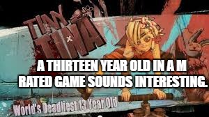 Tiny Tina the most destructive 13 year old | A THIRTEEN YEAR OLD IN A M RATED GAME SOUNDS INTERESTING. | image tagged in tiny tina,meme,boarderlands 2 | made w/ Imgflip meme maker