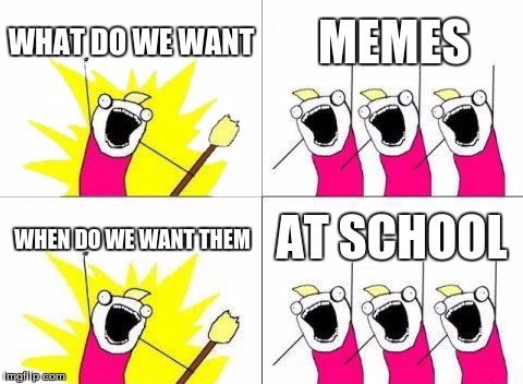 What Do We Want | WHAT DO WE WANT; MEMES; AT SCHOOL; WHEN DO WE WANT THEM | image tagged in memes,what do we want | made w/ Imgflip meme maker