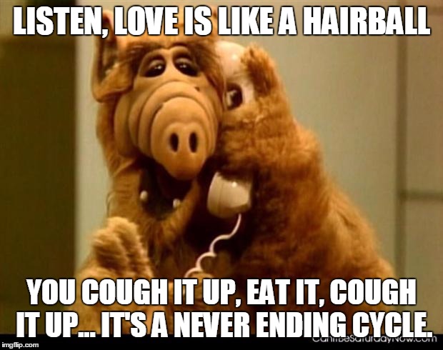 Hairball Love | LISTEN, LOVE IS LIKE A HAIRBALL; YOU COUGH IT UP, EAT IT, COUGH IT UP... IT'S A NEVER ENDING CYCLE. | image tagged in alf phone,love,anti-cupid | made w/ Imgflip meme maker