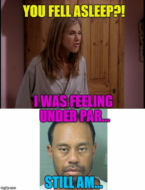Who does he think he is? George Michael? :) | YOU FELL ASLEEP?! I WAS FEELING UNDER PAR... STILL AM... | image tagged in memes,tiger woods,friends,sport,golf,dui | made w/ Imgflip meme maker