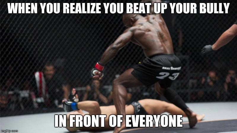 When you realize you beat up your bully in front of everyone | WHEN YOU REALIZE YOU BEAT UP YOUR BULLY; IN FRONT OF EVERYONE | image tagged in when you realize,funny meme,y u no guy,ufc,funny,memes | made w/ Imgflip meme maker