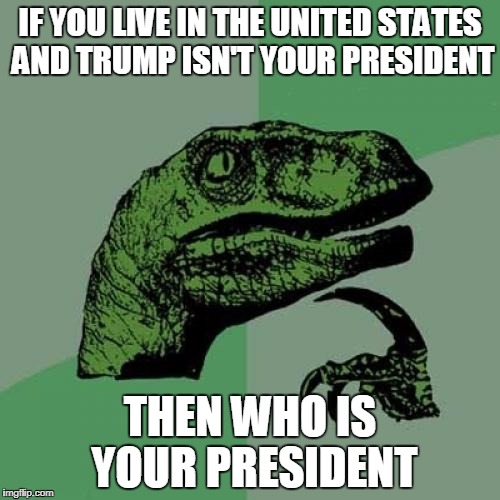 Philosoraptor Meme | IF YOU LIVE IN THE UNITED STATES AND TRUMP ISN'T YOUR PRESIDENT; THEN WHO IS YOUR PRESIDENT | image tagged in memes,philosoraptor | made w/ Imgflip meme maker