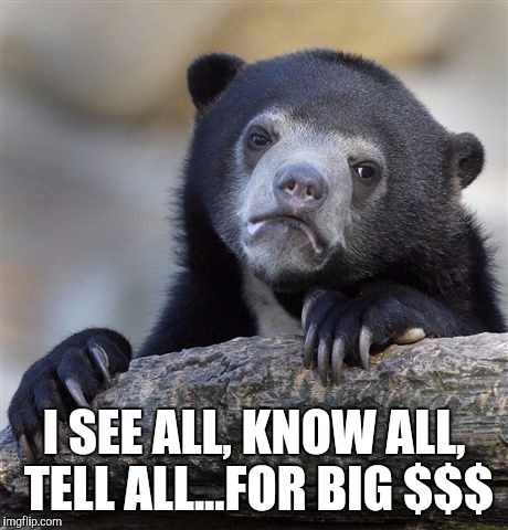 Confession Bear Meme | I SEE ALL, KNOW ALL, TELL ALL...FOR BIG $$$ | image tagged in memes,confession bear | made w/ Imgflip meme maker