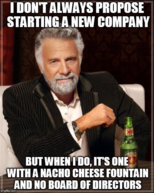 The Most Interesting Man In The World Meme | I DON'T ALWAYS PROPOSE STARTING A NEW COMPANY; BUT WHEN I DO, IT'S ONE WITH A NACHO CHEESE FOUNTAIN AND NO BOARD OF DIRECTORS | image tagged in memes,the most interesting man in the world | made w/ Imgflip meme maker