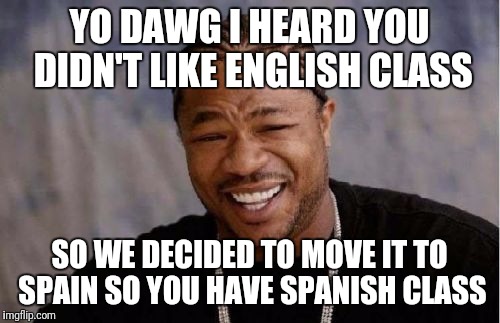 Yo Dawg Heard You Meme | YO DAWG I HEARD YOU DIDN'T LIKE ENGLISH CLASS; SO WE DECIDED TO MOVE IT TO SPAIN SO YOU HAVE SPANISH CLASS | image tagged in memes,yo dawg heard you | made w/ Imgflip meme maker