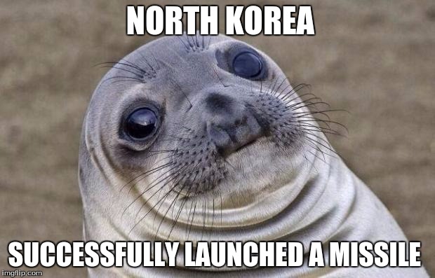 Awkward Moment Sealion | NORTH KOREA; SUCCESSFULLY LAUNCHED A MISSILE | image tagged in memes,awkward moment sealion | made w/ Imgflip meme maker