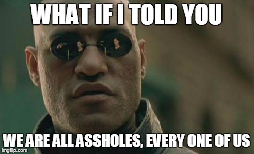 Matrix Morpheus Meme | WHAT IF I TOLD YOU WE ARE ALL ASSHOLES, EVERY ONE OF US | image tagged in memes,matrix morpheus | made w/ Imgflip meme maker