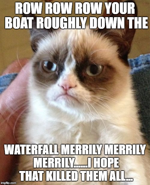 Grumpy Cat Meme | ROW ROW ROW YOUR BOAT ROUGHLY DOWN THE; WATERFALL MERRILY MERRILY MERRILY......I HOPE THAT KILLED THEM ALL... | image tagged in memes,grumpy cat | made w/ Imgflip meme maker