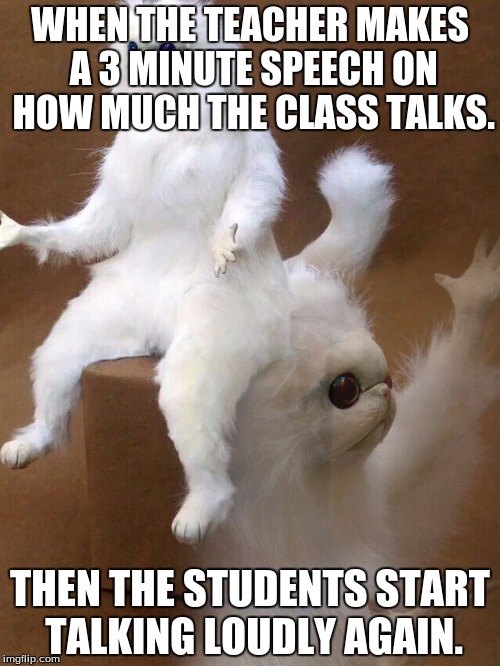 The teacher | WHEN THE TEACHER MAKES A 3 MINUTE SPEECH ON HOW MUCH THE CLASS TALKS. THEN THE STUDENTS START TALKING LOUDLY AGAIN. | image tagged in relatable | made w/ Imgflip meme maker