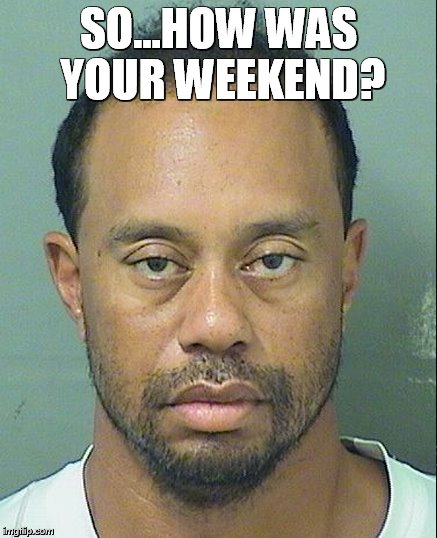 tiger woods | SO...HOW WAS YOUR WEEKEND? | image tagged in tiger woods | made w/ Imgflip meme maker