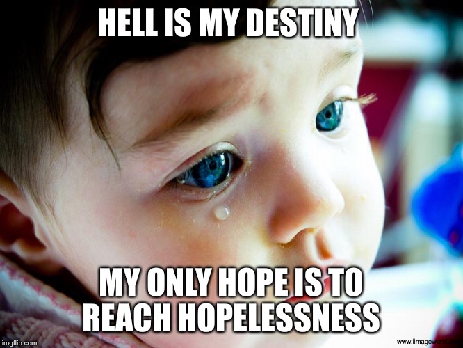 Crybaby | HELL IS MY DESTINY; MY ONLY HOPE IS TO REACH HOPELESSNESS | image tagged in crybaby | made w/ Imgflip meme maker