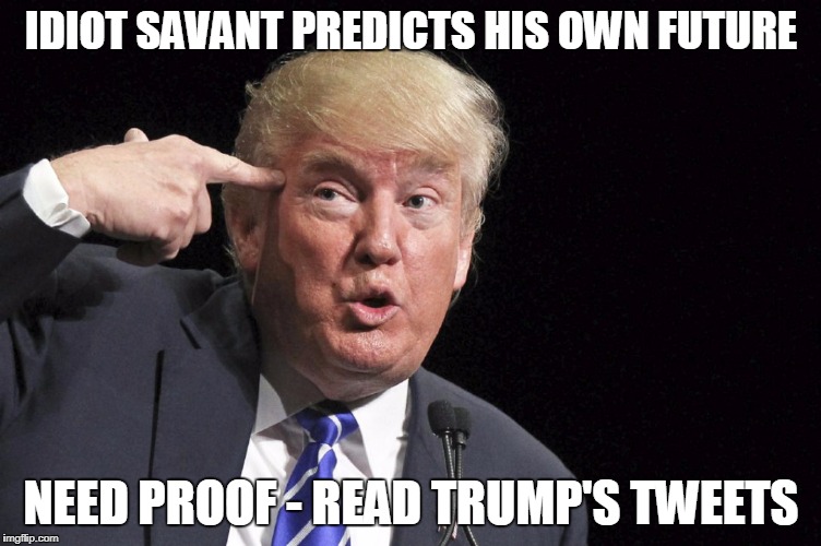 Trump the Idiot Savant | IDIOT SAVANT PREDICTS HIS OWN FUTURE; NEED PROOF - READ TRUMP'S TWEETS | image tagged in trump,idiot savant | made w/ Imgflip meme maker