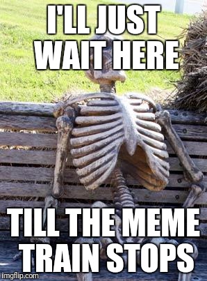 Waiting Skeleton | I'LL JUST WAIT HERE; TILL THE MEME TRAIN STOPS | image tagged in memes,waiting skeleton | made w/ Imgflip meme maker