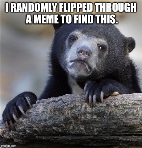Confession Bear Meme | I RANDOMLY FLIPPED THROUGH A MEME TO FIND THIS. | image tagged in memes,confession bear | made w/ Imgflip meme maker