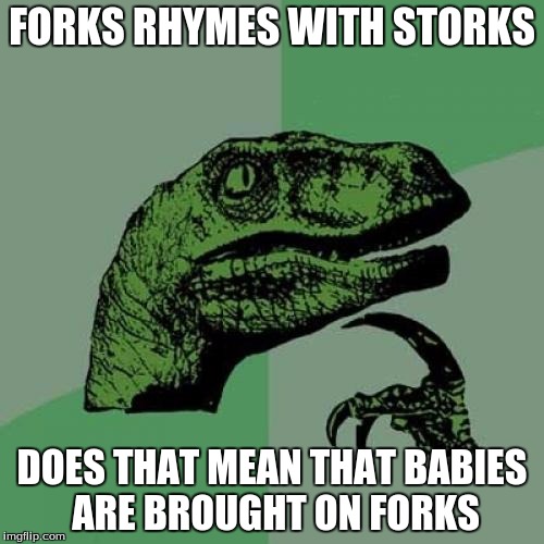 Philosoraptor | FORKS RHYMES WITH STORKS; DOES THAT MEAN THAT BABIES ARE BROUGHT ON FORKS | image tagged in memes,philosoraptor | made w/ Imgflip meme maker