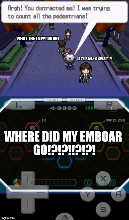 WHAT THE FLIP?! BRUH! IS THIS MAH C-GEAR!?!?! WHERE DID MY EMBOAR GO!?!?!!?!?! | image tagged in hilbert crashing on female | made w/ Imgflip meme maker