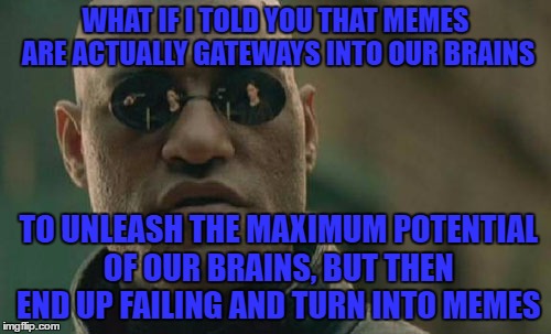 Matrix Morpheus Meme | WHAT IF I TOLD YOU THAT MEMES ARE ACTUALLY GATEWAYS INTO OUR BRAINS; TO UNLEASH THE MAXIMUM POTENTIAL OF OUR BRAINS, BUT THEN END UP FAILING AND TURN INTO MEMES | image tagged in memes,matrix morpheus | made w/ Imgflip meme maker