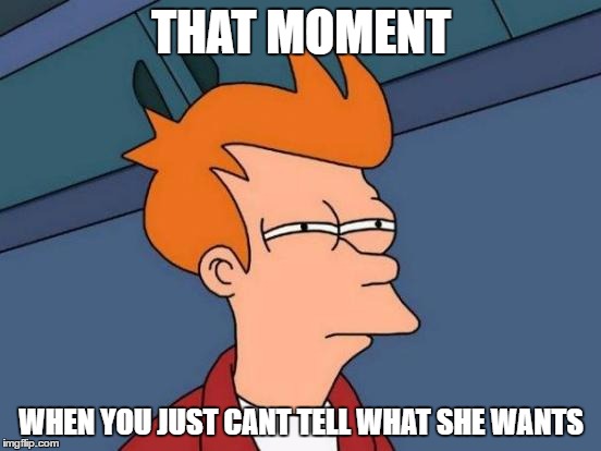 Futurama Fry Meme | THAT MOMENT; WHEN YOU JUST CANT TELL WHAT SHE WANTS | image tagged in memes,futurama fry | made w/ Imgflip meme maker