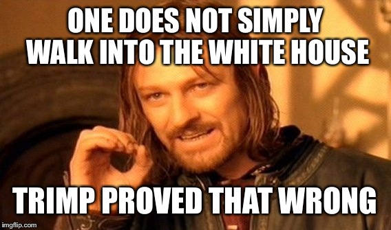 One Does Not Simply | ONE DOES NOT SIMPLY WALK INTO THE WHITE HOUSE; TRIMP PROVED THAT WRONG | image tagged in memes,one does not simply | made w/ Imgflip meme maker