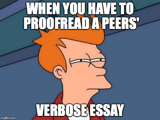 Futurama Fry | WHEN YOU HAVE TO PROOFREAD A PEERS'; VERBOSE ESSAY | image tagged in memes,futurama fry | made w/ Imgflip meme maker